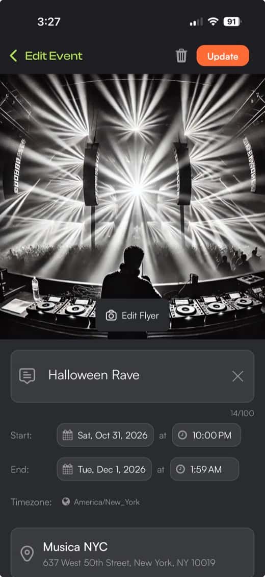 TokTix event editor showing Halloween Rave at Musica NYC
