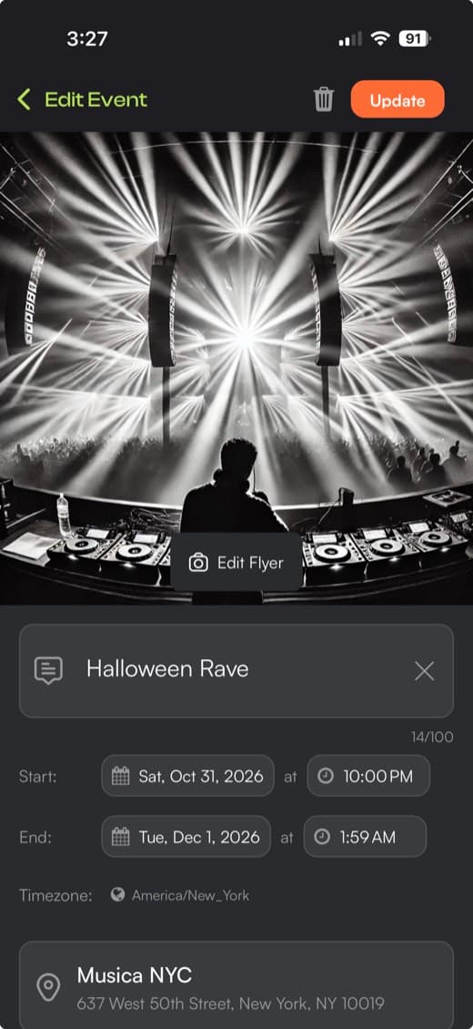 TokTix event editor showing Halloween Rave at Musica NYC