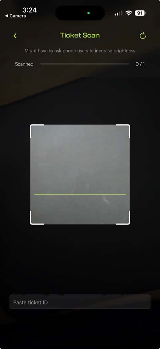 TokTix ticket scanner with QR frame at the door
