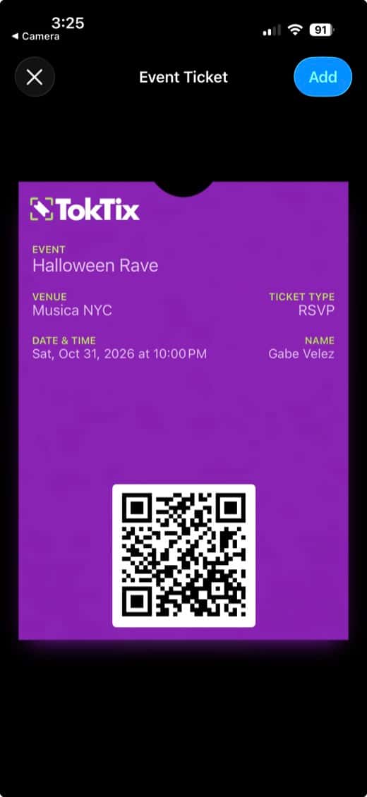 Halloween Rave ticket in Apple Wallet with QR code
