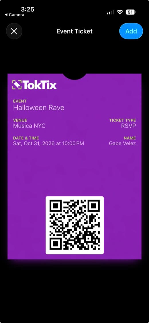 Halloween Rave ticket in Apple Wallet with QR code