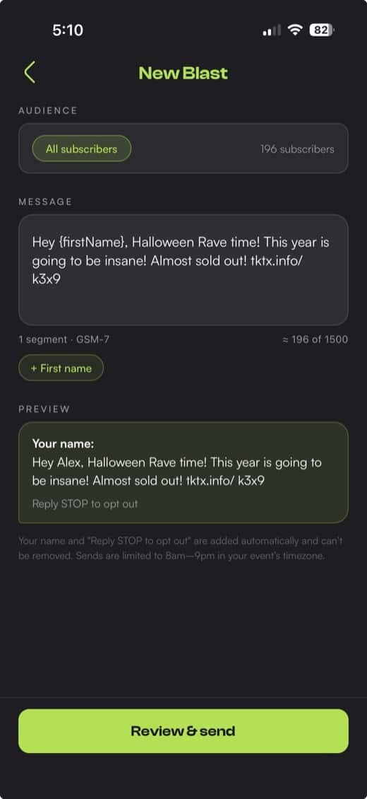 TokTix New Blast composer sending to 196 subscribers with first-name personalization
