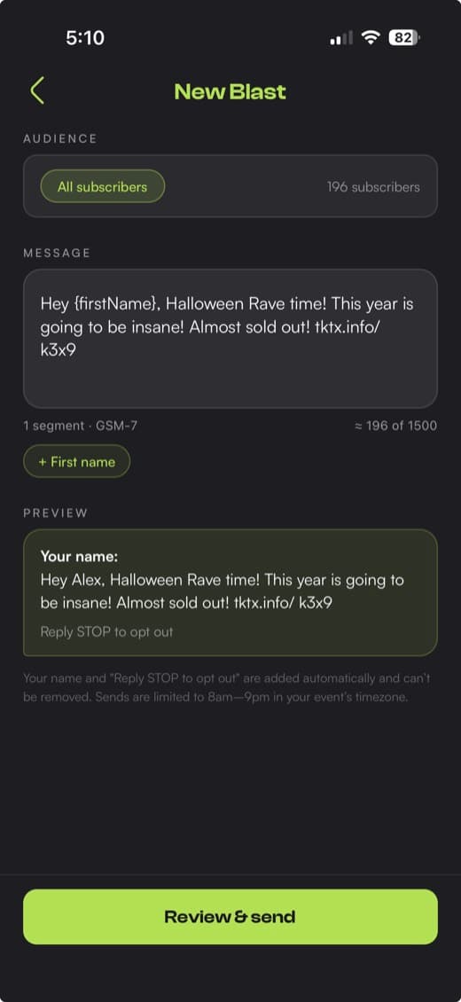 TokTix New Blast composer sending to 196 subscribers with first-name personalization
